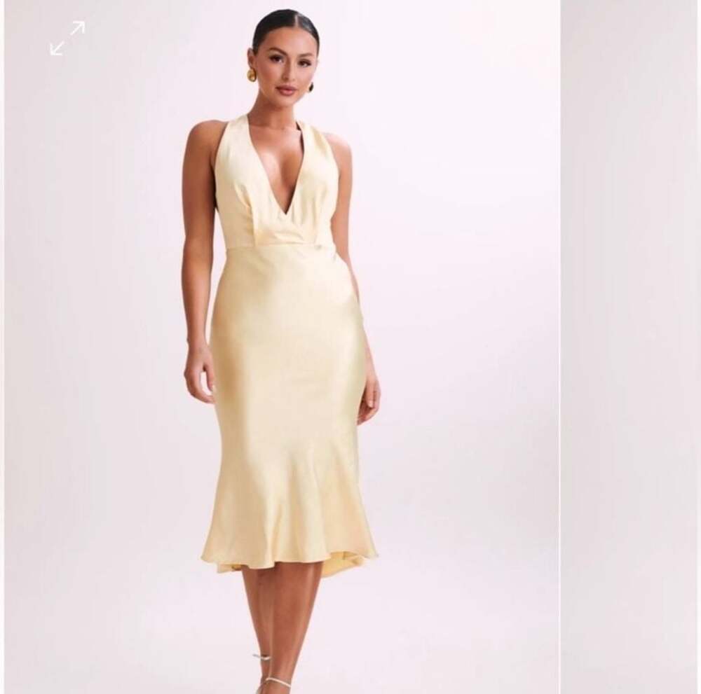 MESHKI Terri Satin Cowl Midi Dress in Butter Yellow Size M